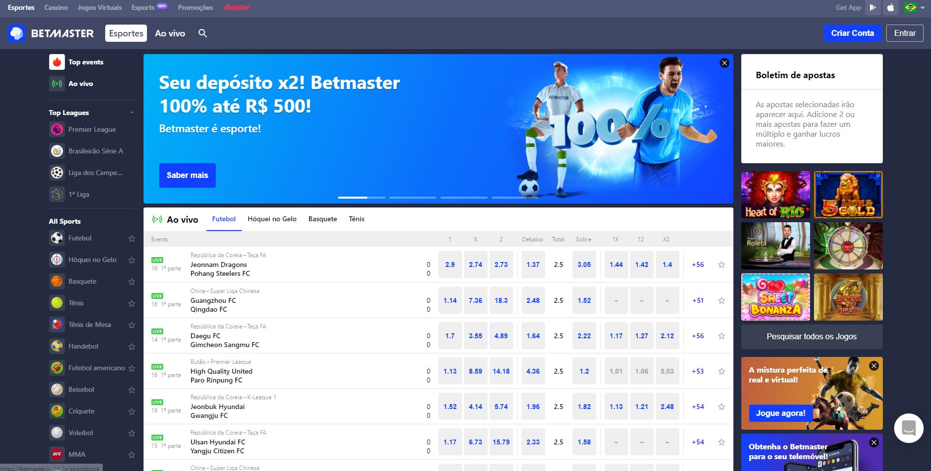 Apostas esportivas na Betmaster